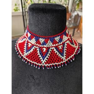 African Beaded Ceremonial Collar Necklace Maasai Style Tribal Statement